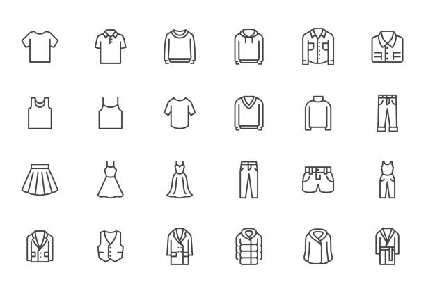 Clothing line icon set. Dress, polo t-shirt, jeans, winter coat, jacket pants, skirt minimal vector illustrations. Simple outline signs for fashion application. Pixel Perfect. Editable Strokes.
